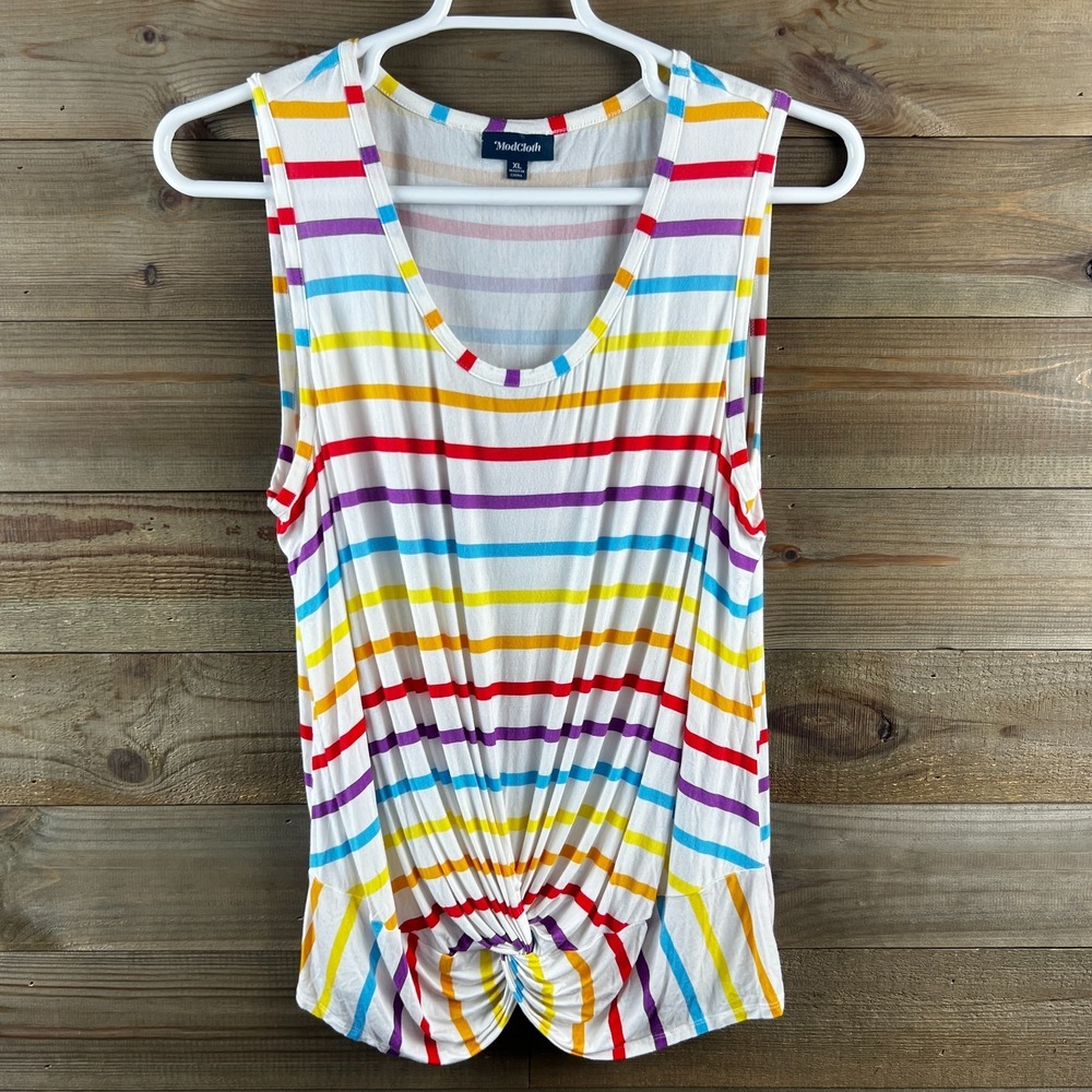 ModCloth Womens Shirt Tank Top Sleeveless Striped Twist Front Hem Rainbow XL